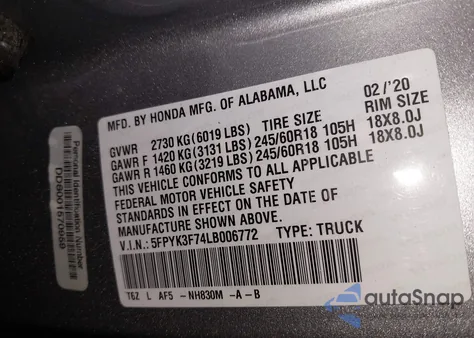 2020 Honda Ridgeline Rtl-E z USA, uszkodzony, nr VIN 5FPYK3F74LB006772